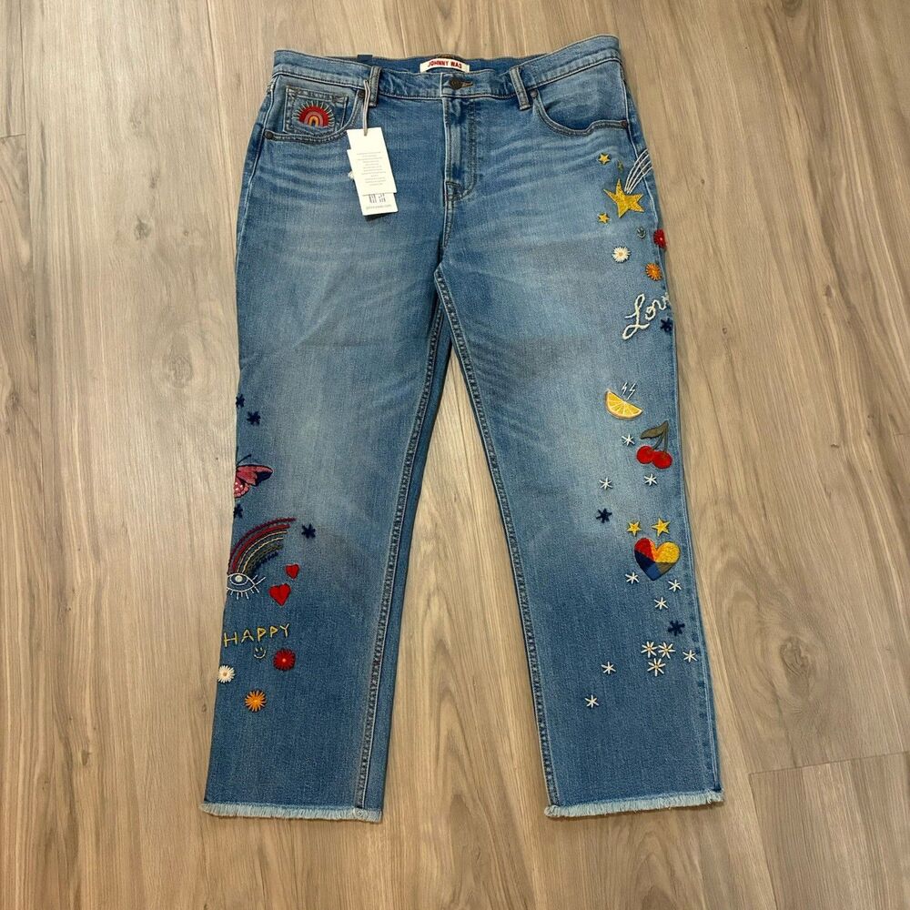Johnny Was Light Blue Embroidered Cropped Boyfriend Jeans - Picture 2 of 8
